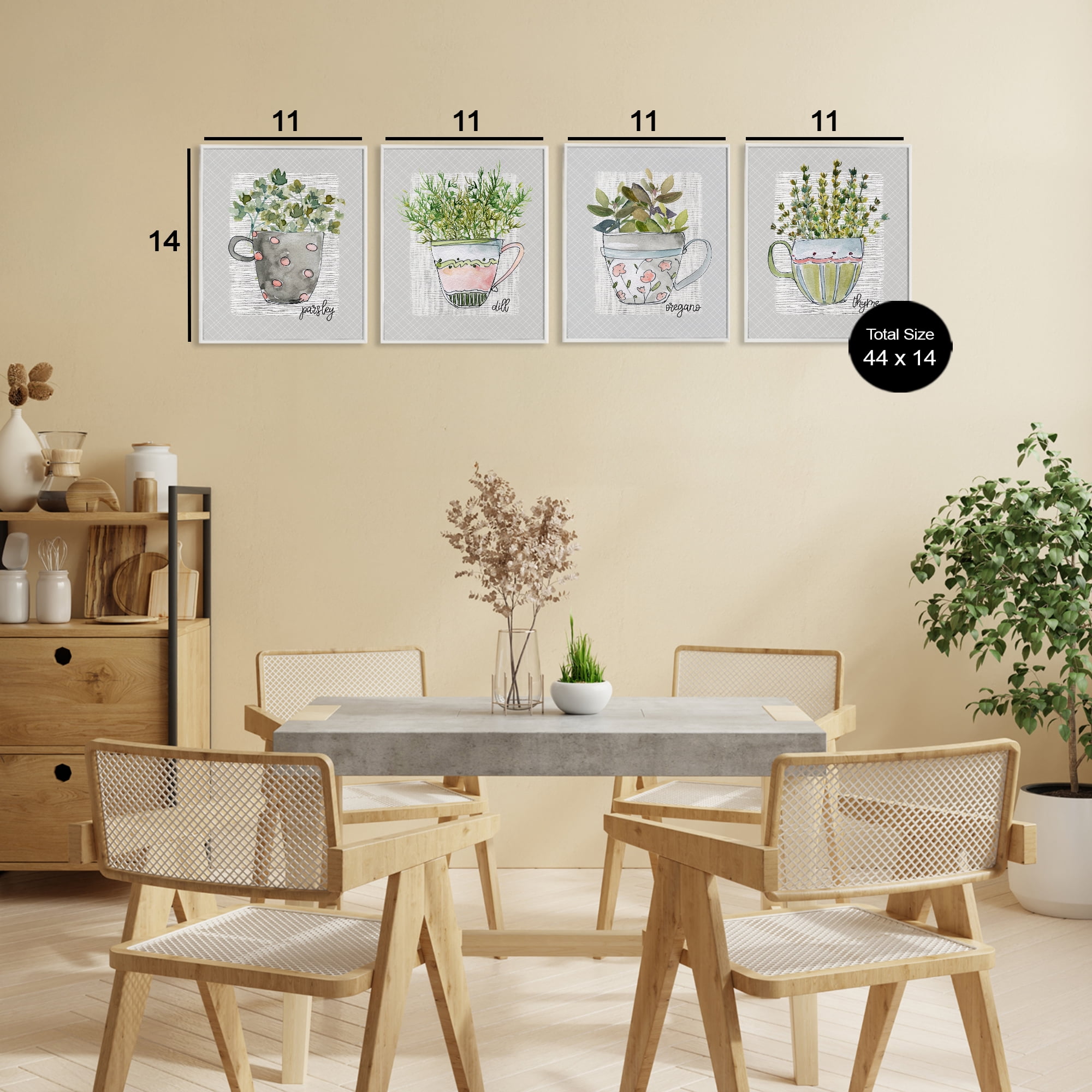 Stupell Industries Kitchen Herbs in Mugs 4 Piece White Framed Giclee Art Set, design by Livi Finn