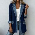 thumbnail image 2 of Hsovts Denim Patchwork Jackets for Women Patchwork Knit Denim Cuffs Jacket Winter Fall Long Sleeve Collared Button Down Casual Stylish Blazer Navy M, 2 of 11