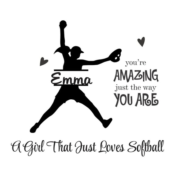 Personalized Name Sports Wall Decal Girl Playing with Softball Custom Name Bedroom Wall Decal for boys and girls Softball A Girl that Just Loves Softball Themed Kids Room Décor - Size: 20 In x 18 In