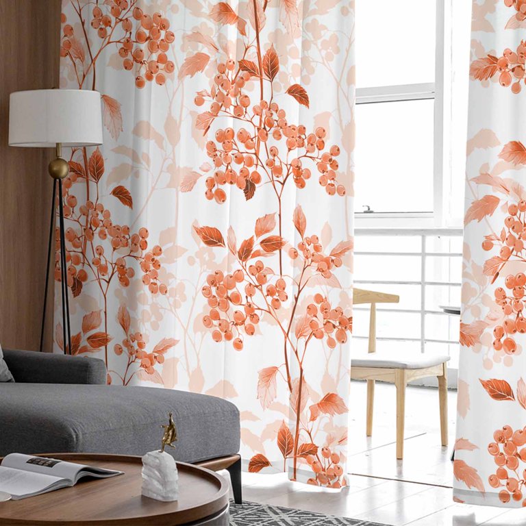 Burnt Orange Floral Semi Sheer Curtains 84 Inches - Linen Textured, Light Filtering, Rod Pocket, 2 Panels