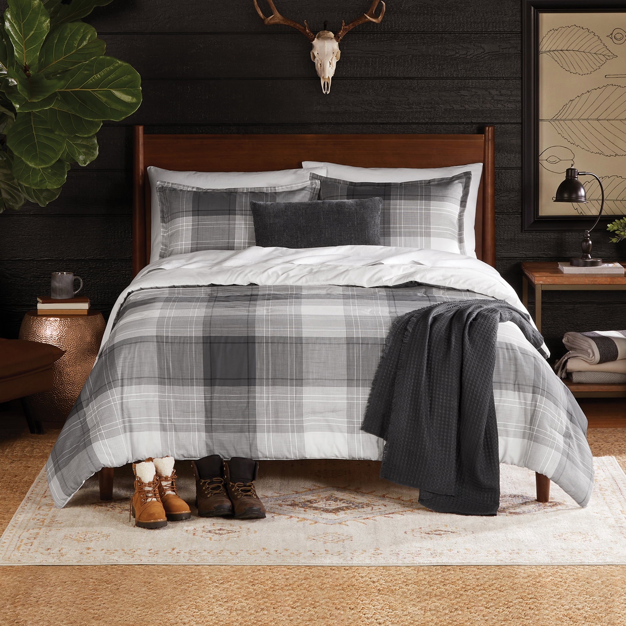 Mainstays Full/Queen Comforter Set, 5-Piece, All-Season, Grey Plaid
