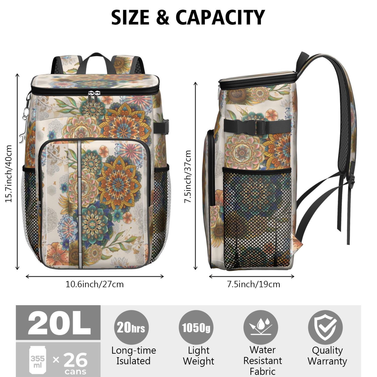 Travel Cooler Bag - Boho Bohemia Flower Camping Beer Cooler Backpack with Bottle Opener- Waterproof Insulated Picnic Backpacks - Cooler Bag for Beach
