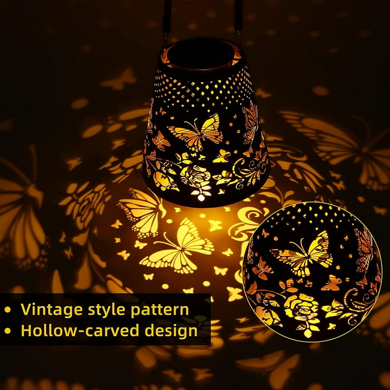 Solar Lights Outdoor Garden Decor Hanging Lanterns Decoration Metal Retro  Butterfly Hollow Pattern Gifts Waterproof Solar Lantern for Garden, Patio 