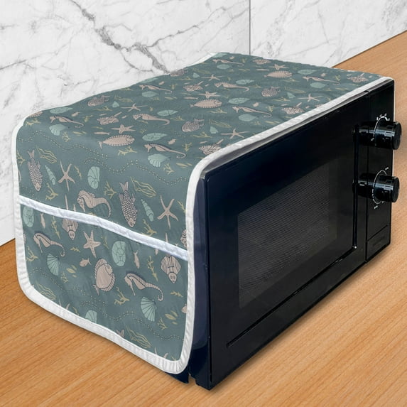 Marine Microwave Oven Cover, Underwater Creatures with Seahorse Anemone Seashell Starfish Coral Reef, Water Resistant Organizer with Pockets for Kitchen, 36" x 12", Grey Teal Warm Taupe, by Ambesonne