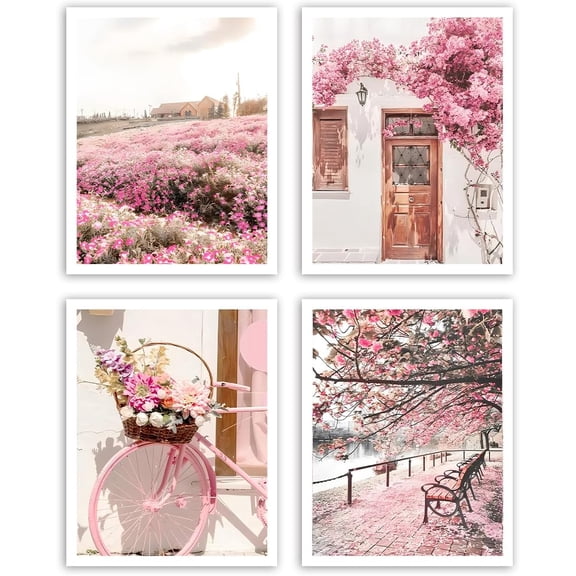 Floral Pink Wall Art Canvas Prints,Flower Landscape Wall Art Posters,Modern Living Room Bedroom Aesthetics Wall Decor,Set of 4(8 * 10inch,Unframed).