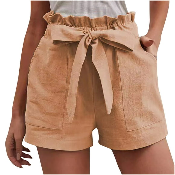Womens Casual Ruffle High Waisted Shorts Linen Paperbag Shorts with Pockets Elastic Belted Summer Lounge Shorts