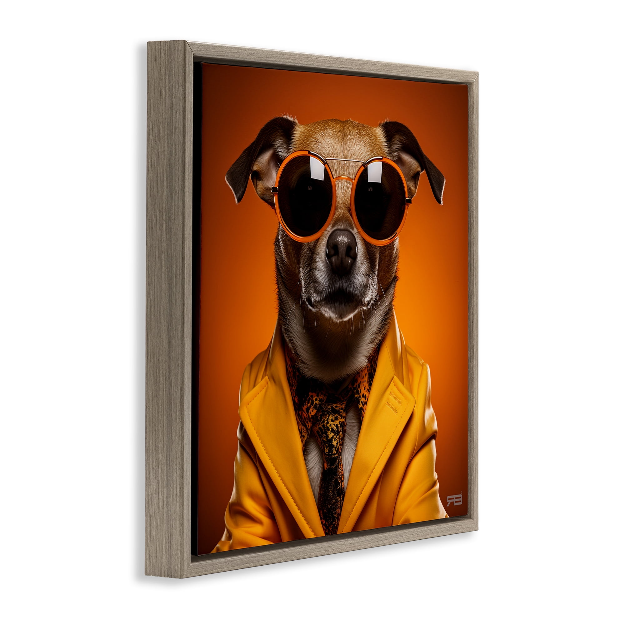 Stupell Industries Trendy Dog Yellow Suit Animals & Insects Painting Brown Floater Framed Canvas Art Print Wall Art, 18 x 18
