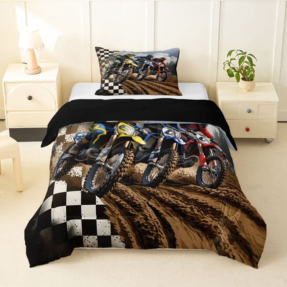 Manfei Cool Motorcycle Twin Comforter Sets,Grid Pattern Bedding Set,Brown,Black Reversible,2pcs,1 Comforter and 1 Pillowcase