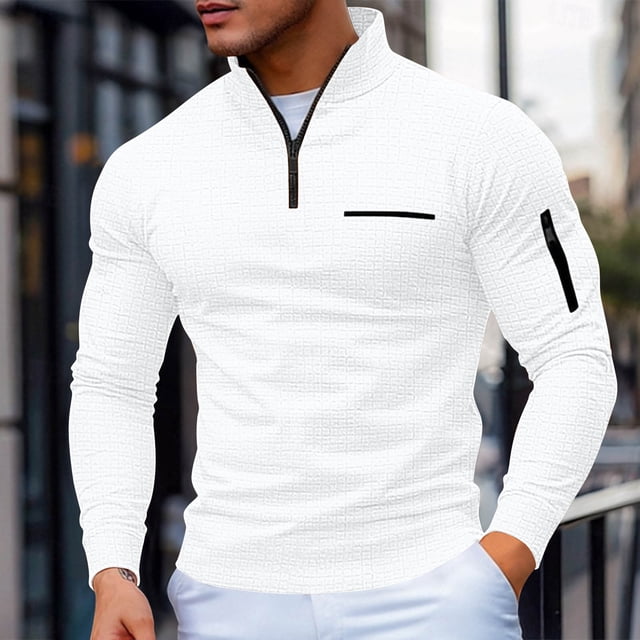 pstuiky Camisas casuales de manga larga para hombre, Top a cuadros de cuello alto y manga larga con media cremallera de color liso para hombre camisetas de hombre m
