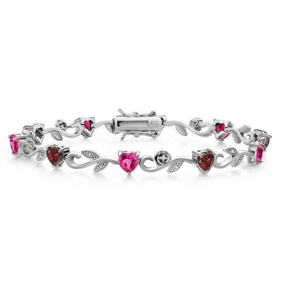 Gem Stone King 925 Sterling Silver Heart Shape Red Garnet Pink Created Sapphire and Round White Lab Grown Diamond Greek Vine Flower Tennis Bracelet for Women (6.04 Cttw, 7.5 inch)