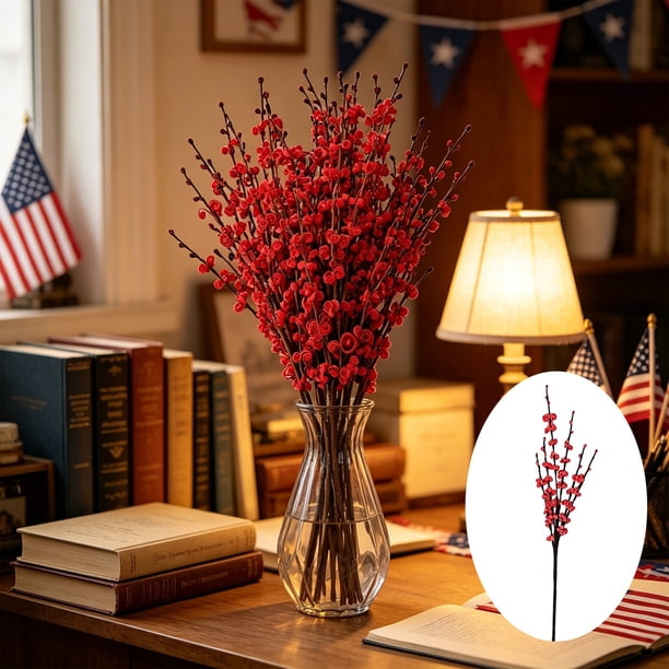 Flores artificiales de jazmín y flor de ciruelo, tallos florales sintéticos de 21 pulgadas, decoración patriótica del Día de la Independencia para jarrones de cocina