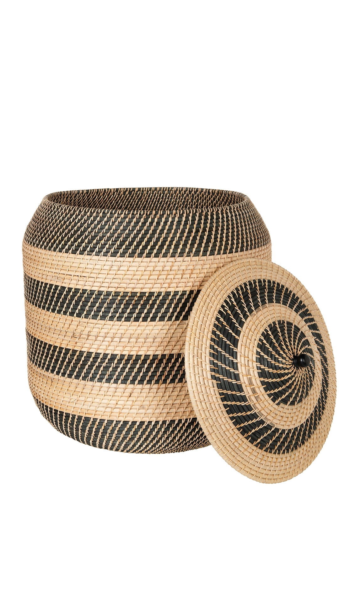 Kouboo Rattan Belly Basket, Round Storage Basket with Lid, Organizer for Laundry, Throws, Pillow, Towel, Extra-Large, Natural-Black