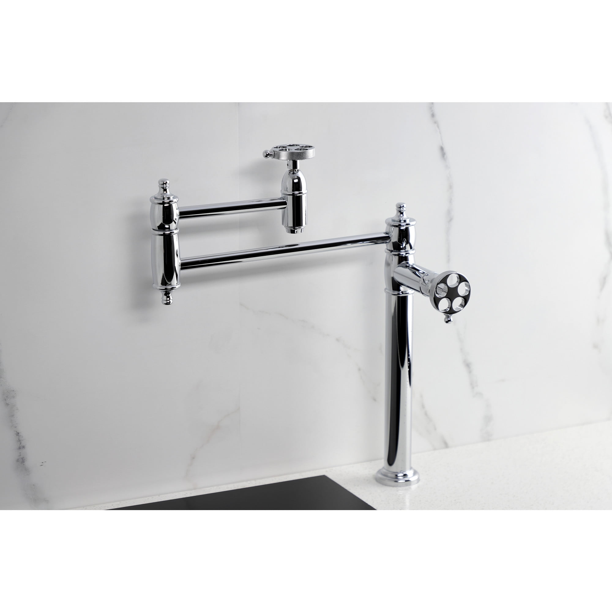 Kingston Brass KS3701RKZ Wendell Deck Mount Pot Filler Faucet with Knurled Handle, Polished Chrome