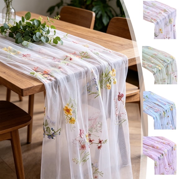 Dongrere Floral Table Runner Embroidery Tulle Spring Floral Table Runner Transparent Long Table Scarf for Wedding Shower Dining Table Party Mantel Decor, 27.5x71 Inch, White