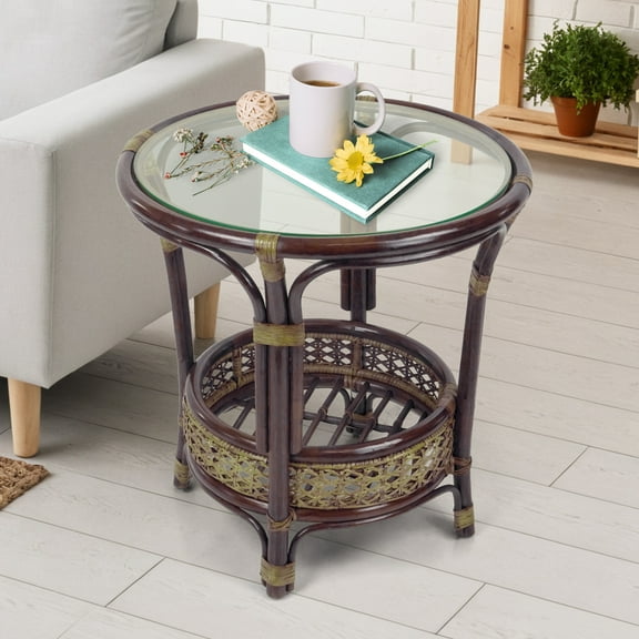 SK New Interiors Pelangi Coffee Round Table Natural Rattan Wicker w/Glass Top Handmade, Dark Brown