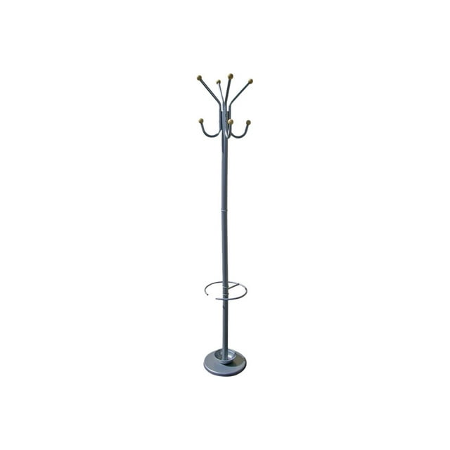72" Tall Metal Standing Coat Rack with Umbrella Holder, Silver finish