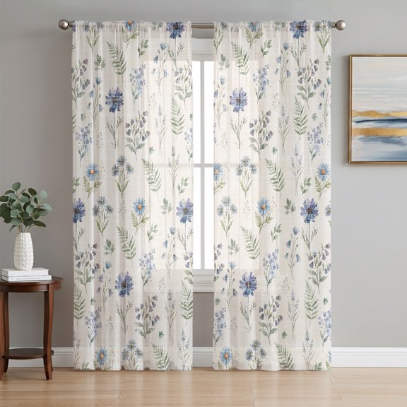 Blue Floral Spring Sheer Curtains 84 Inches Long, Vintage Farmhouse Green Botanical Chic Light Filtering Window Curtains for Living Room, Rod Pocket Voile Sheer Curtain Drapes, 52"W x 84"L, 2 Panels