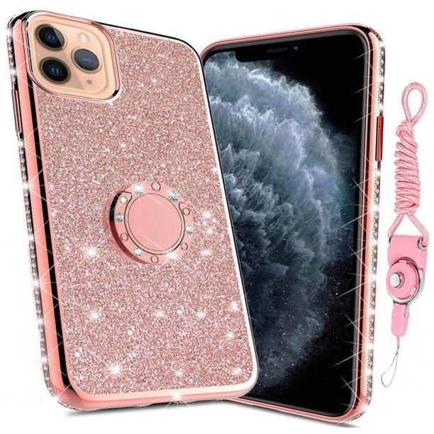 Compatible For Apple Iphone 12 Pro Case Soga Glitter Diamond Rhinestone Tpu Phone Cover With Ring Stand And Lanyard Girls Women Cover Rose Gold Walmart Com