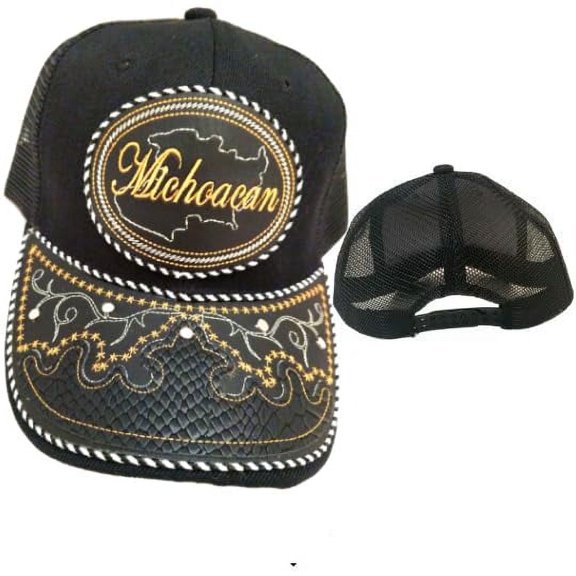 Gorra de Michoacan Hat, Adjustable Unisex, Charro Style, Polyester/Acrylic, Embroidered Snake Skin Design in Black