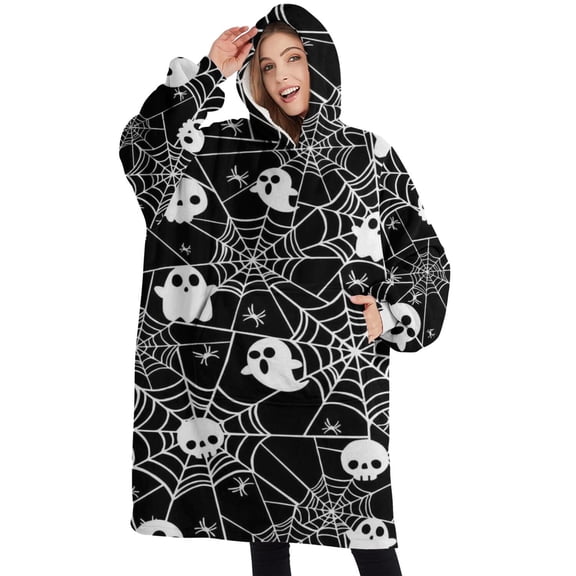 Oversized Wearable Blanket Hoodie,Halloween Ghosts and Skulls in Spider Webs Sherpa Blanket Hoodie with Super Pockets,Super Warm Fuzzy Pullover for Women & Men
