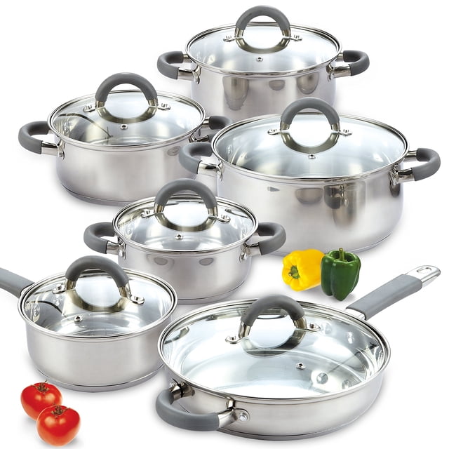 Cook N Home - Batería de cocina (acero inoxidable), color plateado, Silcone handle, Plateado, 12 piezas, 1