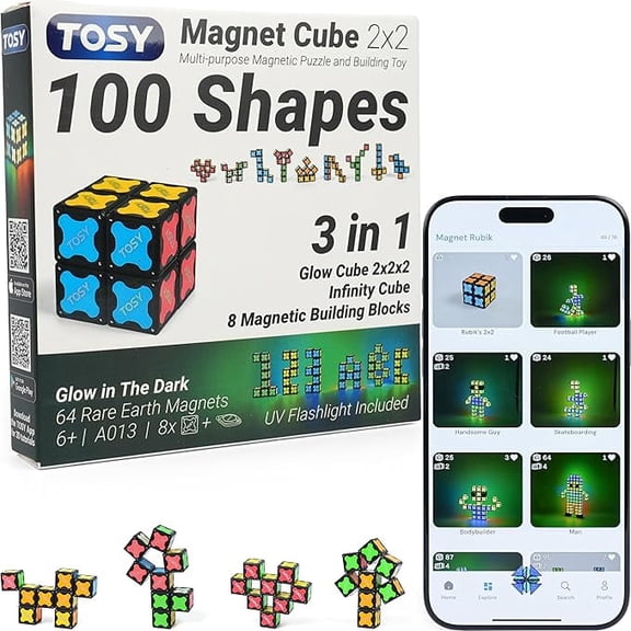 TOSY Magnet Cube 2x2 - 8 Blocks, 2 in 1 Toy: 2x2x2 Puzzle Cube and Customizable Infinity Cube, Glowing, UV Flashlight, Fidget/Sensory/STEM/STEAM Magnet Tiles Birthday Gift for kids/teens/adults