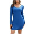 thumbnail image 2 of Elainilye Fashion Womens Dresses Solid Color Bodycon Dress Long Sleeve Wrap Hip Dress Prom Dress,Blue, 2 of 9