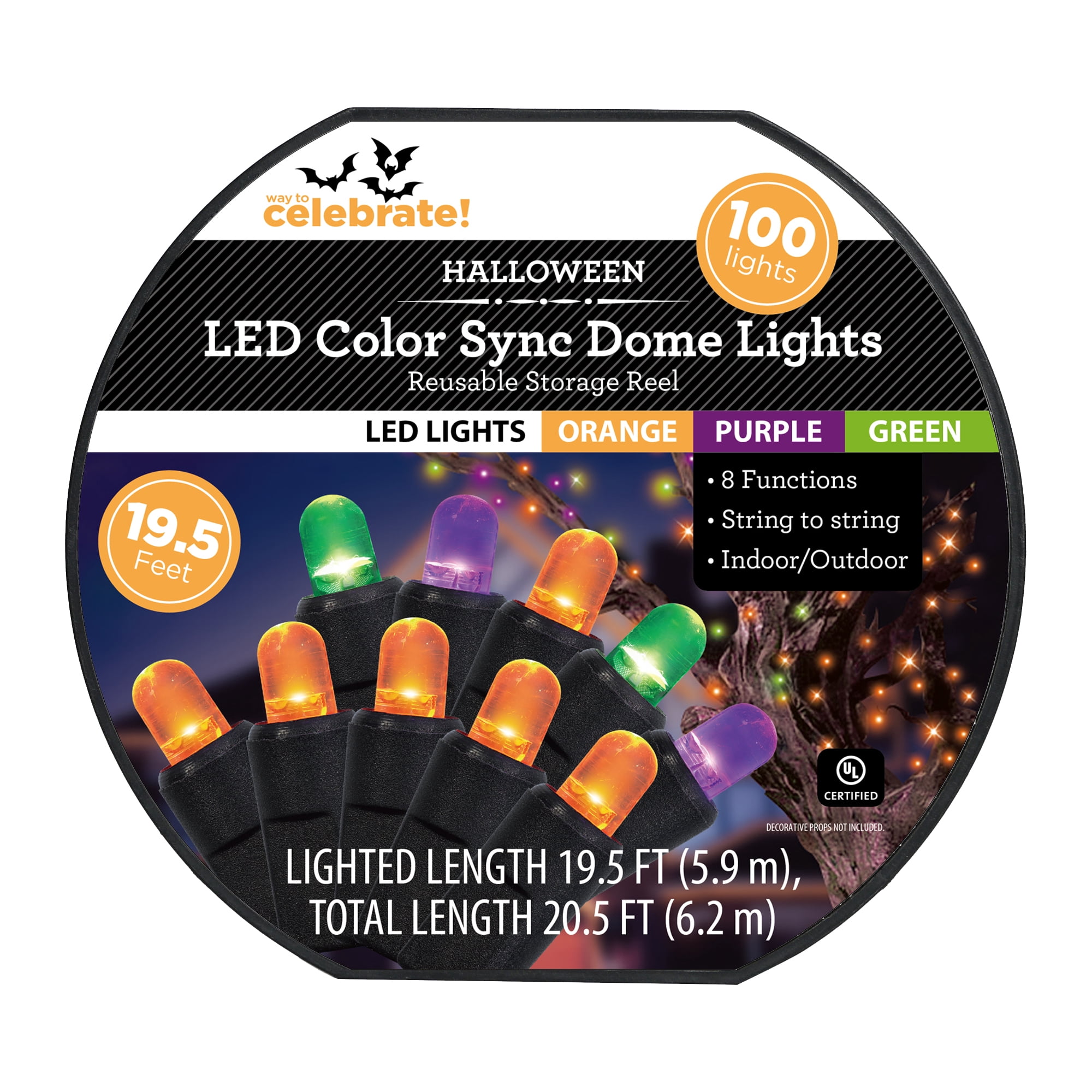 Orange and Multicolor Lights, 100CT, Dome LED, 8-Function Color Sync, 19.5ft, Halloween Indoor/Outdoor, by Way To Celebrate