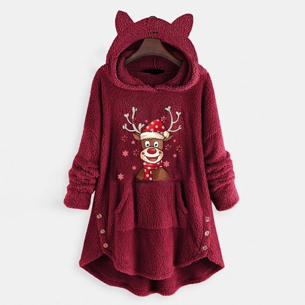 Pntutb Mujer Casual Navidad Impresión Botones De Felpa Manga Larga Con Capucha Abrigo De Felpa Top Pntutb Pntutb-1041