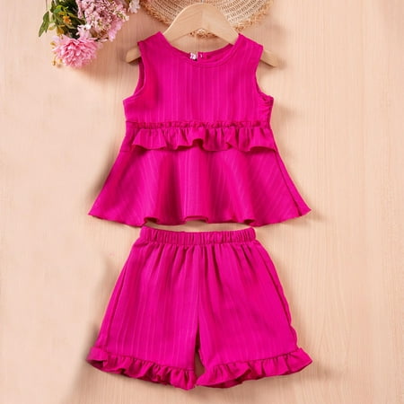 DAETIROS Outfit Sets for Girls-Fashion Comfy Casual Cotton Solid Ruffle Shirts and Pleated Shorts Girls Summer Clothes Hot Pink Size 5 Years
