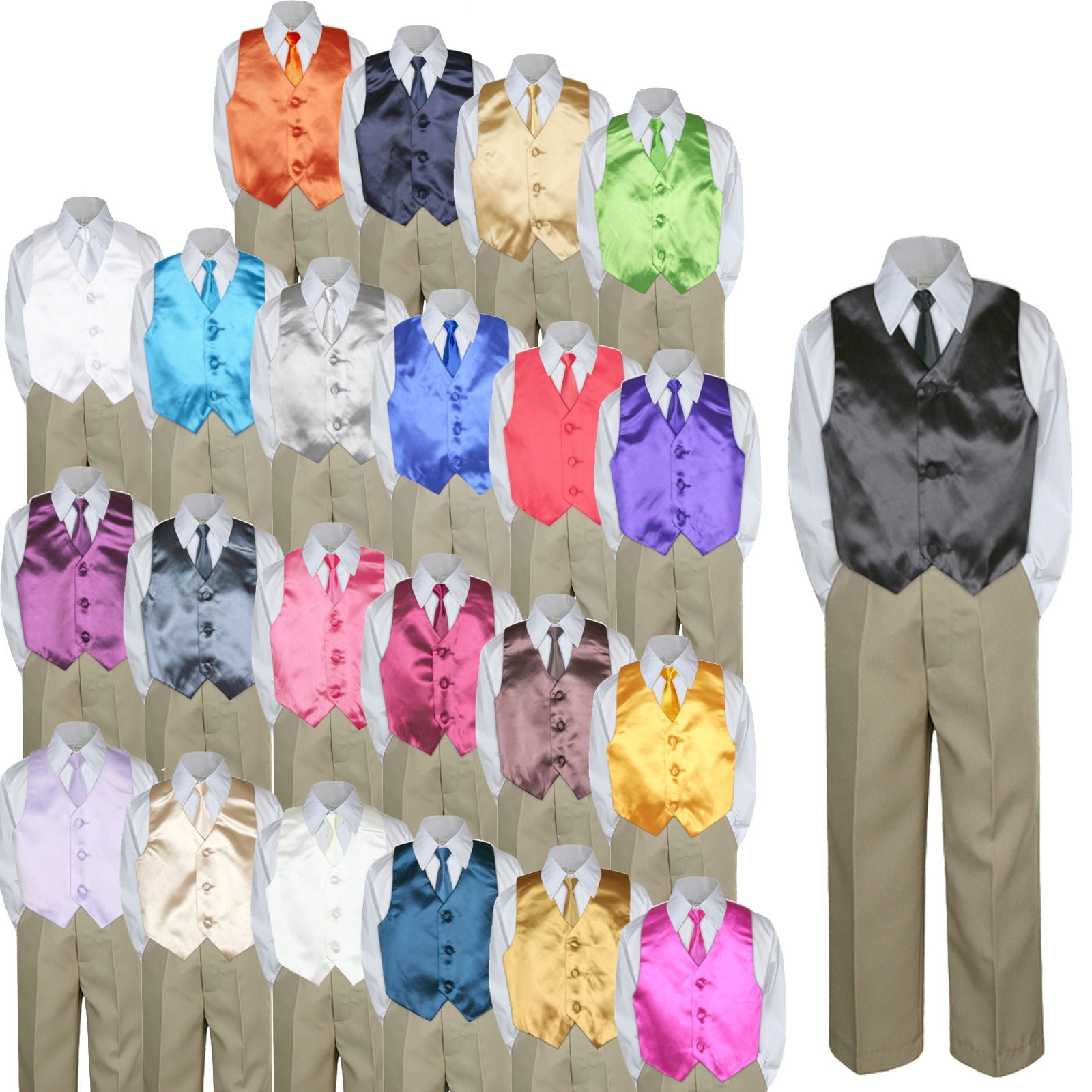 Leadertux 4pc Baby Toddler Boys Brown Vest Necktie Navy Blue Pants Suits Set S-7 2T