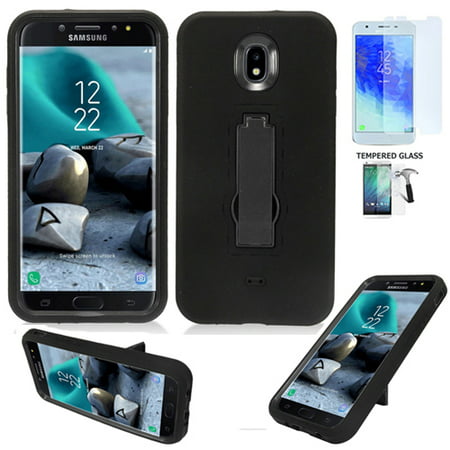 Phone Case For Samsung Galaxy J3 Orbit, J3 Top, J3 Mission-2, J3 3rd Gen, J3 Achieve, J3 Star, Express Prime 3, J3-2018 Tempered Glass (Armor Black-Black Stand/ Tempered (Top Best Phone Under 8000)