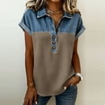 thumbnail image 2 of Sentmoon Ensembles 2 Pcs Hauts en Denim pour Femmes Hauts Boho pour Femmes Manches Courtes Col à Revers Patchwork Coupe Régulière avec Imprimé Hauts Extensibles pour Femmes Chic Décontracté 3TG-5TG, 2 of 6