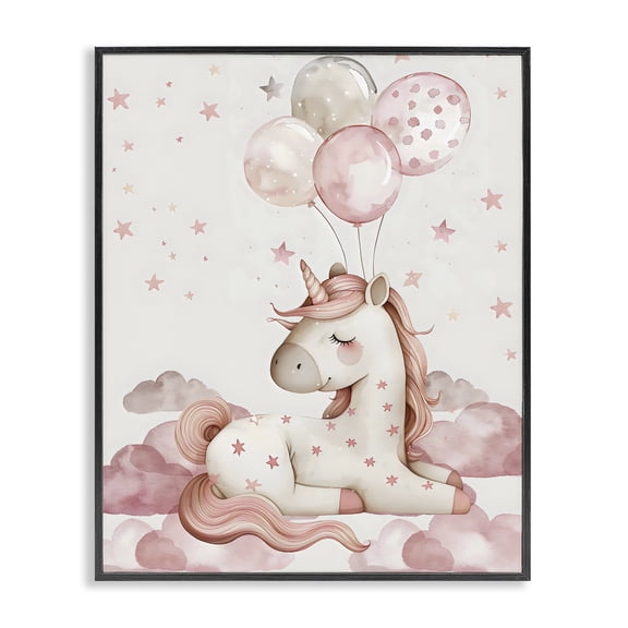 Stupell Industries Pink Unicorn with Balloons Black Framed Giclee Art, design by LSR Design Studio