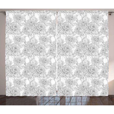 Grey And White Curtains 2 Panels Set Vintage Chrysanthemum