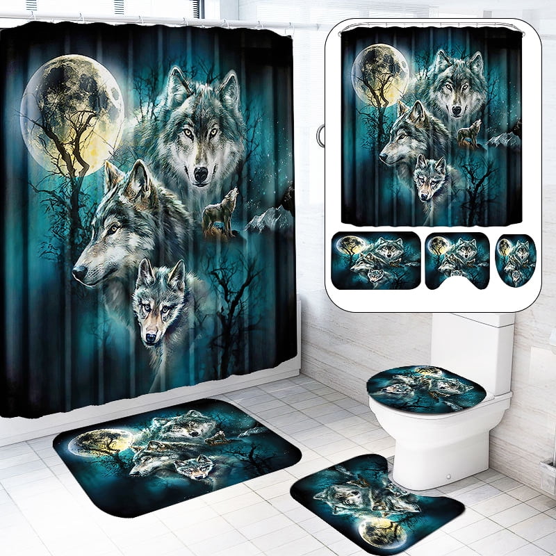 4Pcs/Set Animal Pattern Waterproof Shower Curtain Toilet Lid Cover Bath Mat 