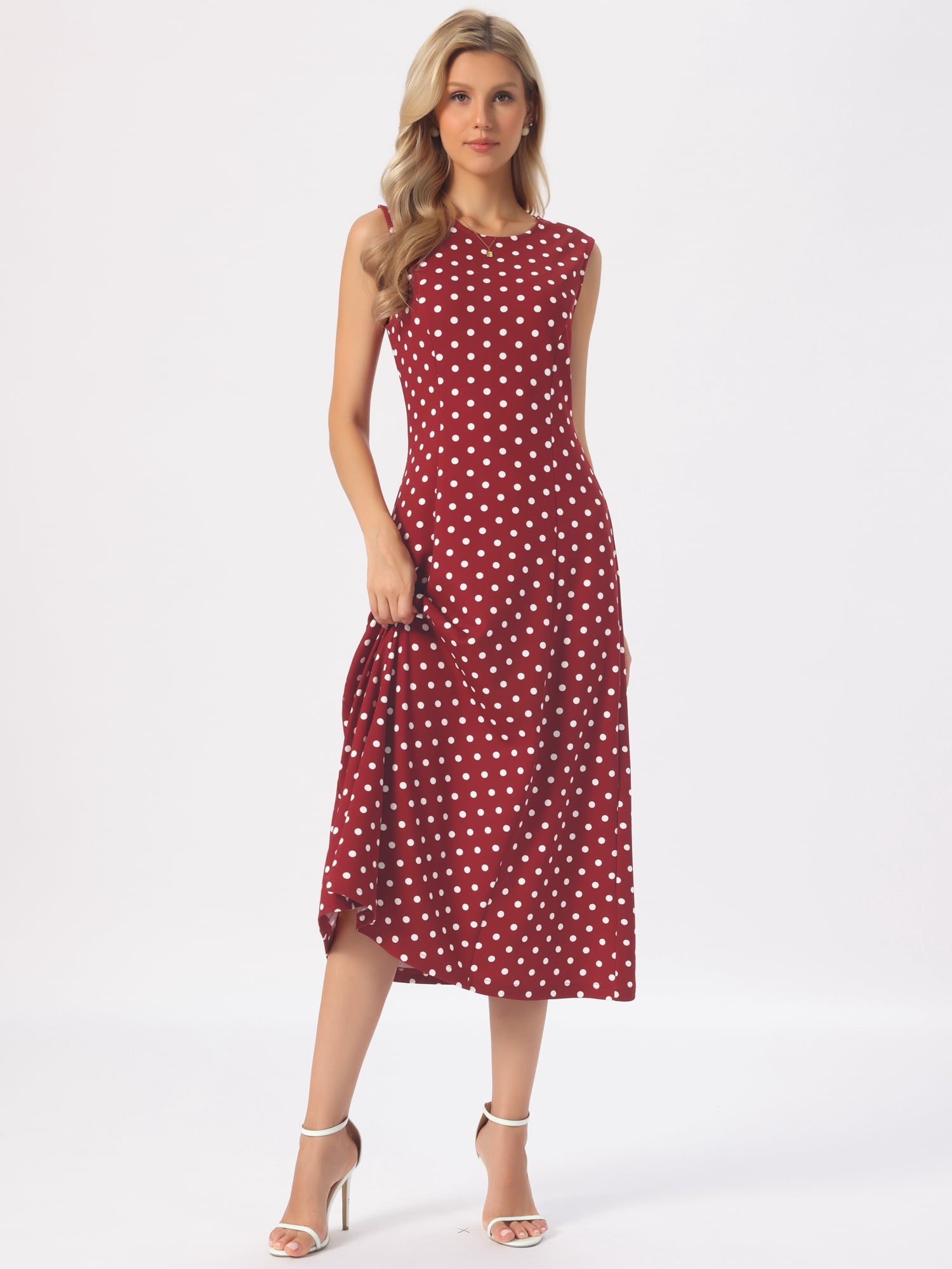 DARING DIVA Women's Polka Dots Sleeveless Sundress Vintage Crewneck Midi Dress S Dark Red