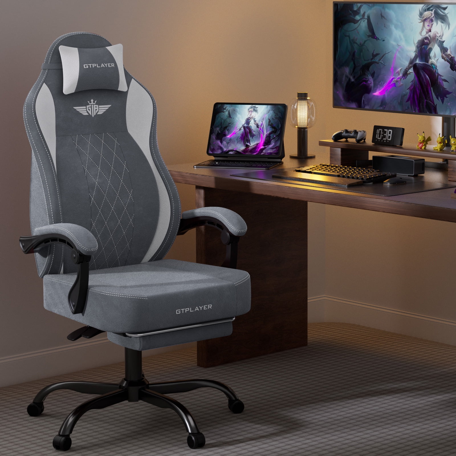 GTPLAYER Big and Tall Ergonomic High Back Breathable Fabric Gaming Computer Chair with Strong Lumbar Support and Footrest, Gray