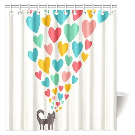 - MYPOP Cat Lover Shower Curtain, Cute Cat in Love with Colorful Different Sizes of Hearts Happy Sweet Clipart Fabric Bathroom Shower Curtain with Hooks, 66 X 72 Inches