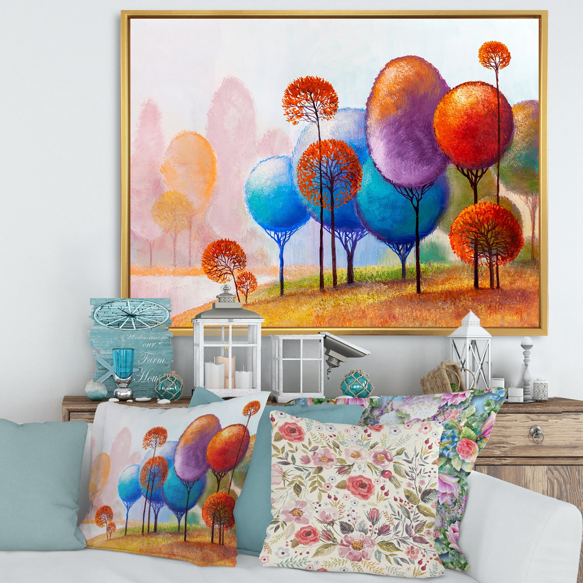 Designart 'Colourful Trees Abtract Impression III' Traditional Framed Canvas Wall Art Print