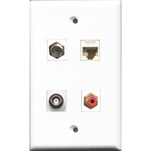 RiteAV 1 Port RCA Red and 1 Port Coax Cable TV- F-Type and 1 Port BNC and 1 Port Cat6 Ethernet White Wall Plate
