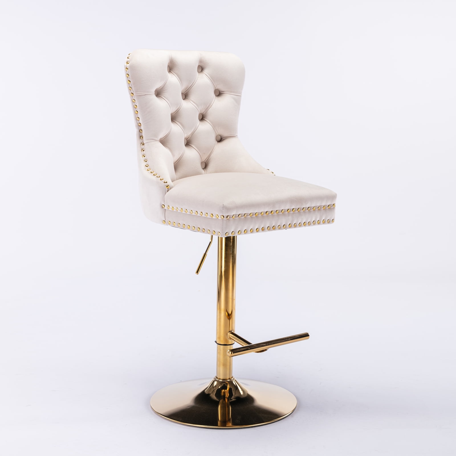 Yoneston Bar Stools Set of 2, Adjustable Height Bar Stools with Tufted Velvet Upholstery, Nailhead Trim & Gold Metal Base, Modern Counter Stools for Pub, Kitchen Island, Beige