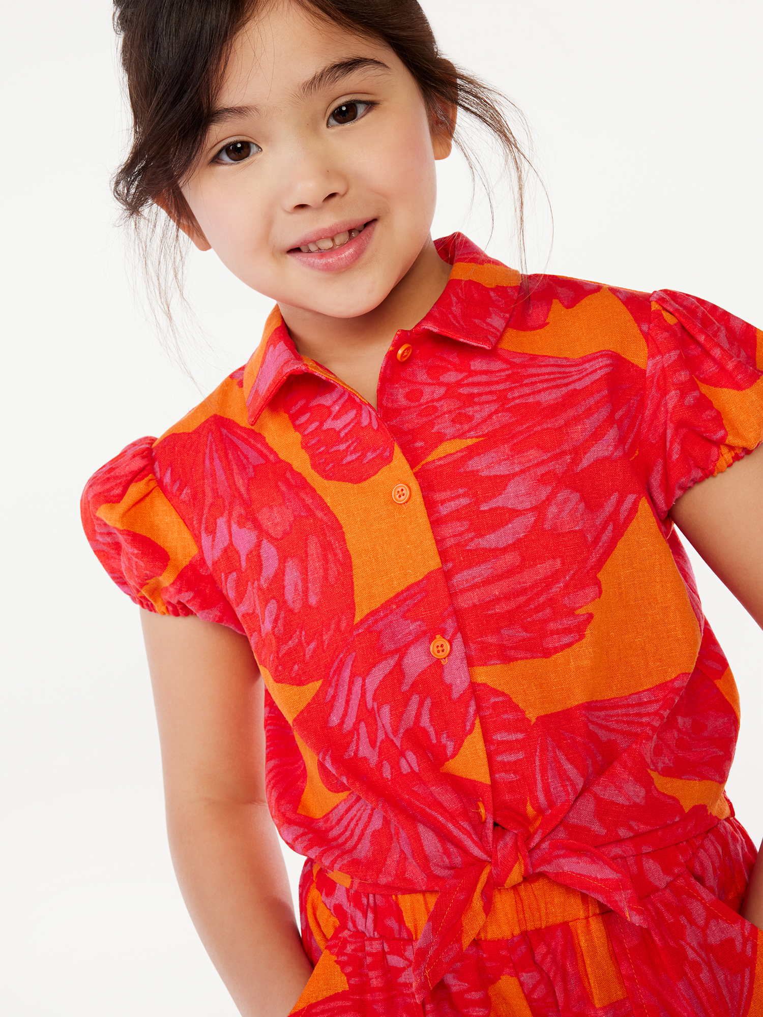 Scoop Girls Short Sleeve Linen Blend Shirt with Tie Front, Sizes 4-16 - image 4 of 5
