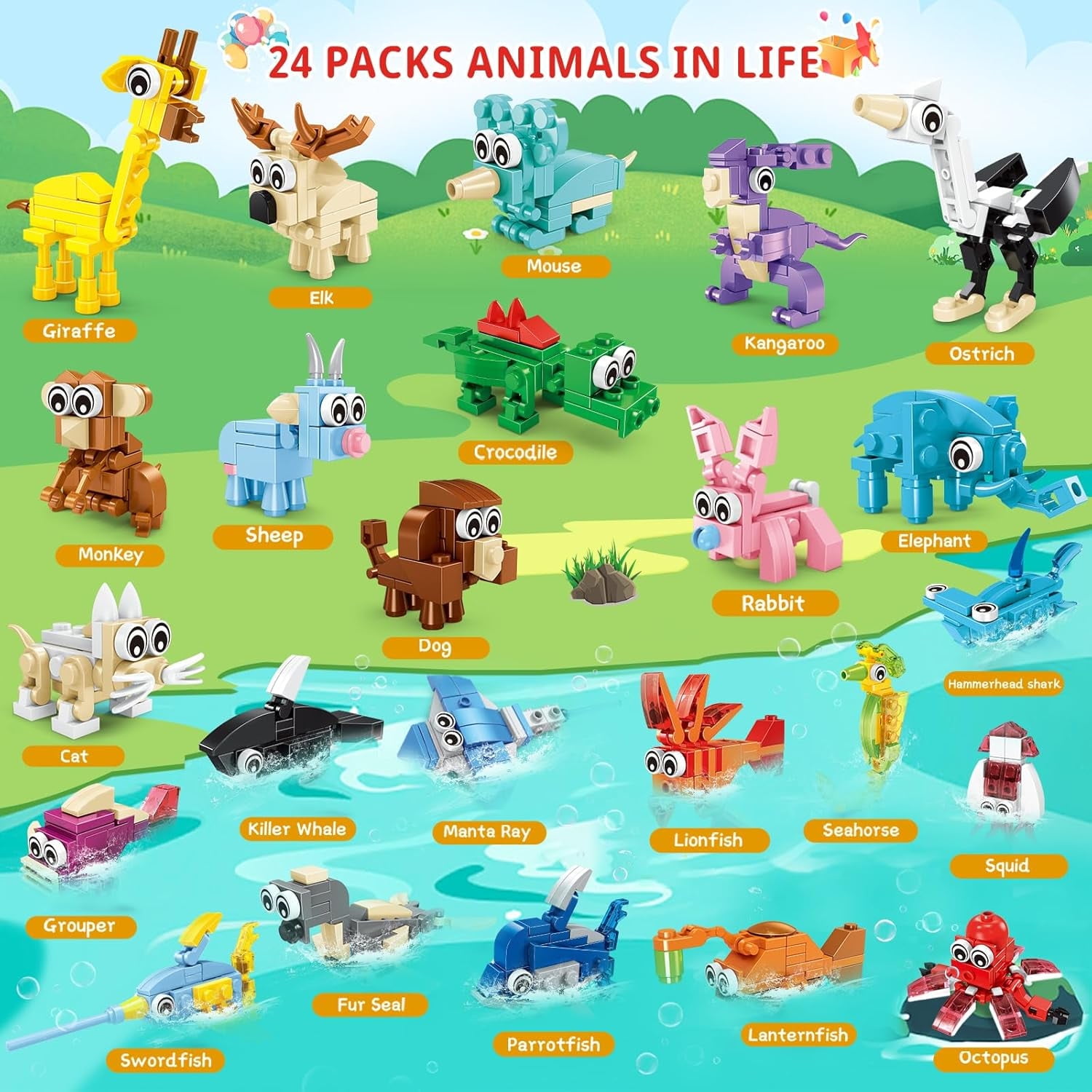 Building Sets 24 Packs Party Favors for Kids, 3 in 1, 72 Kinds of Transformable Animal Building Block Toy, Goodie Bag Stuffers, Classroom Student Prizes Easter Birthday Gifts for Kid Age 6+