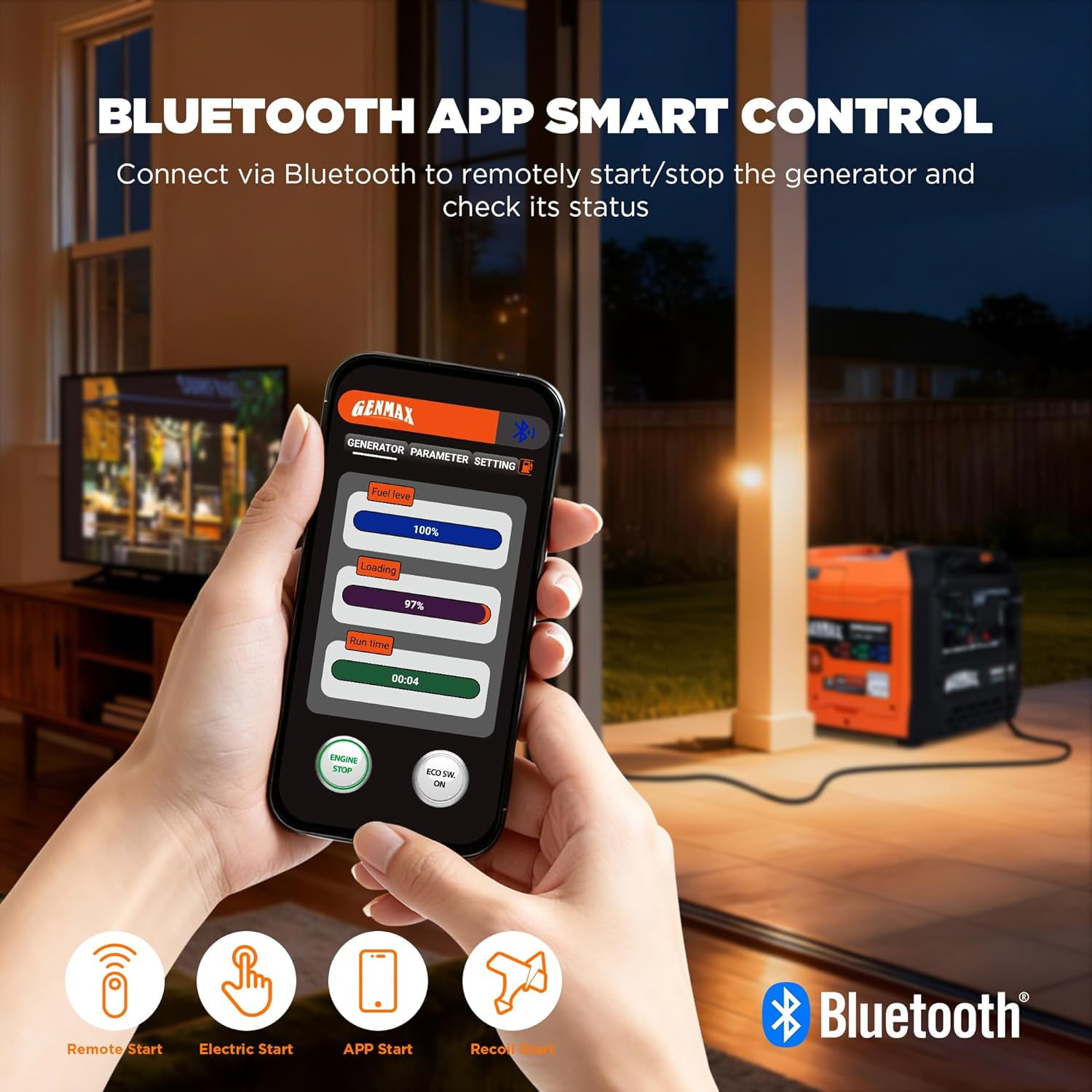 GENMAX 6250W Tri-Fuel Silent Inverter Generator 2026 New Model - 2-Wire Auto Start, Bluetooth APP Control, CO Sensor, 50A Outlet & Digital Display - EPA Compliant for Home Backup & Camping