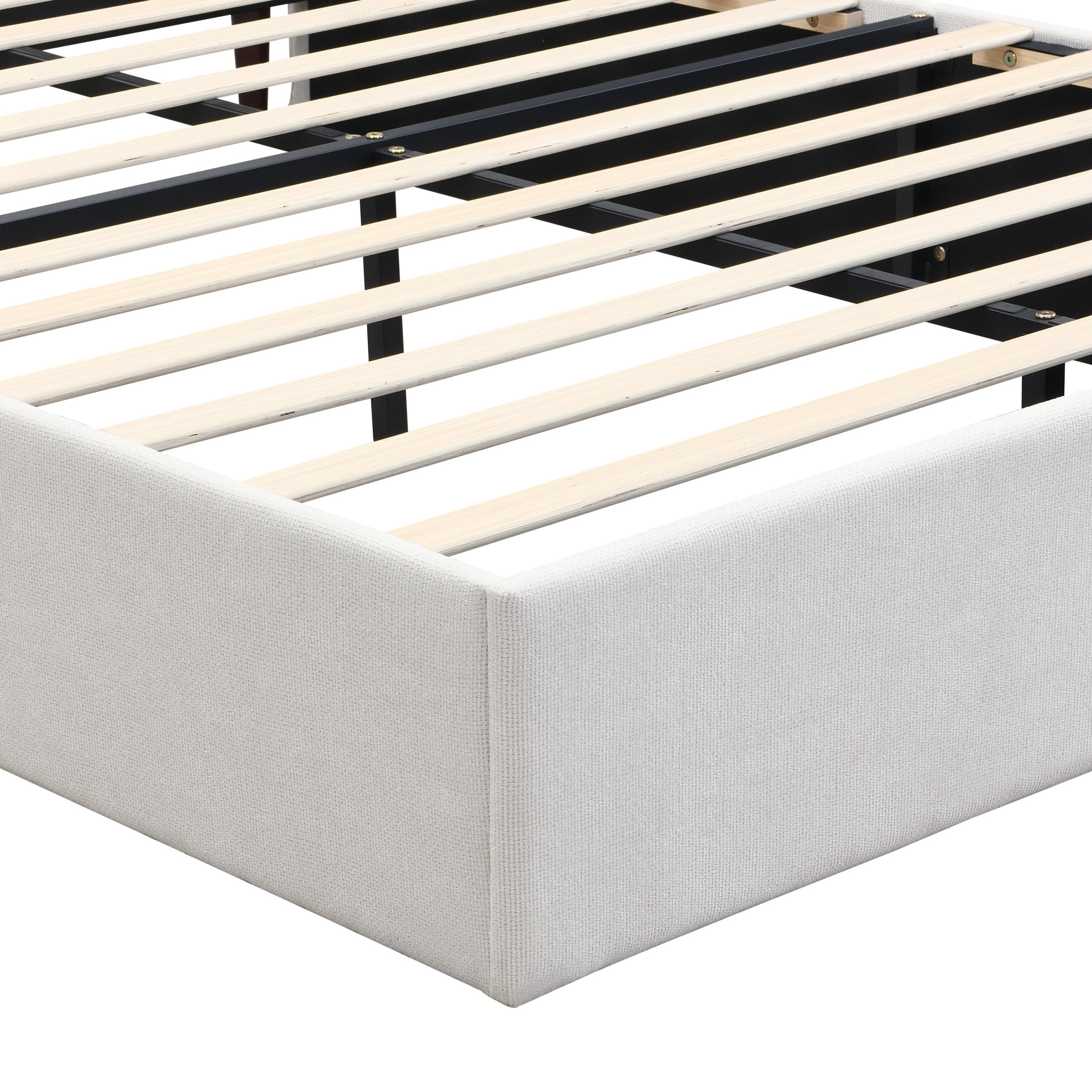 GDF Studio Queen Size Upholstered Bed with Chenille Fabric, High Headboard and 12-Slat Support, Beige