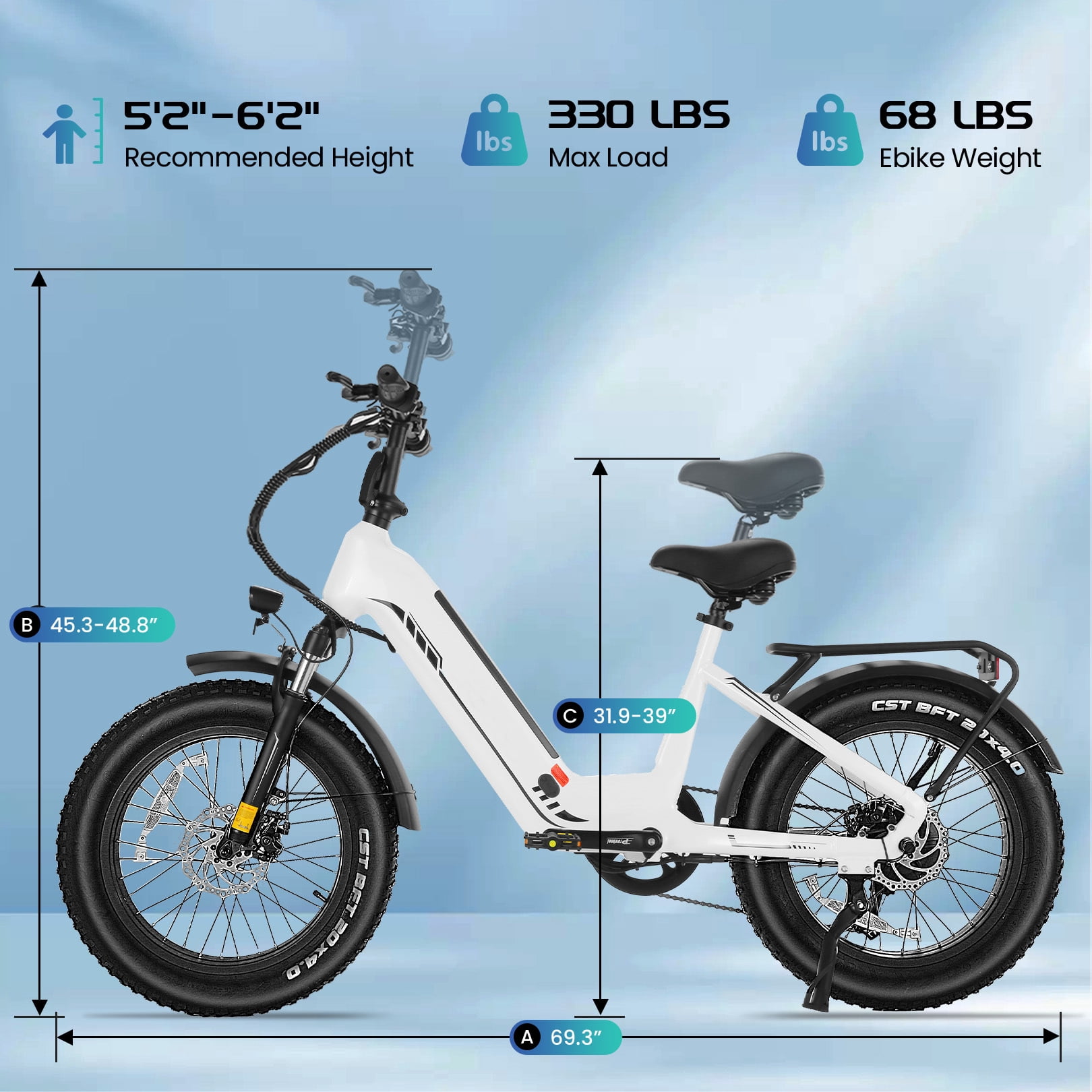 Elifine 500W Peak 1025W Electric Bike for Adults 20"x4" Fat Tire Shimano 7 Speed Ebike UL2849 White