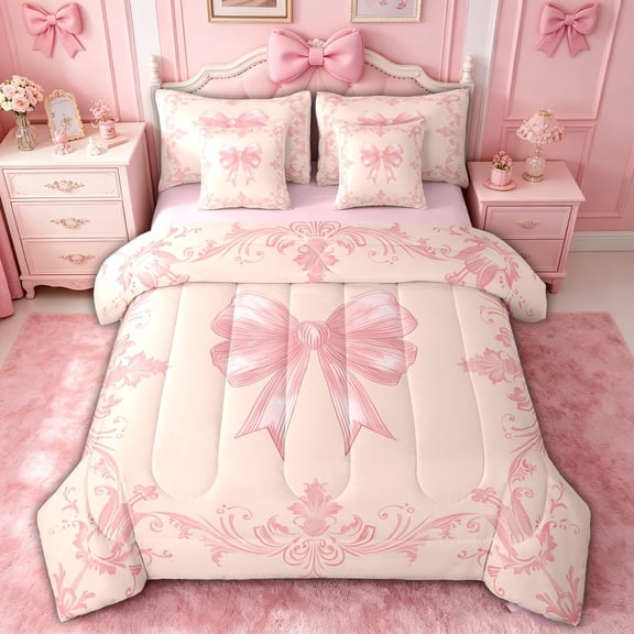 spefrowx Vintage Pink Bow Twin Bedding for Women Girls, Boho Damask Floral Bedding Comforter Set, Pink Reversible, 7pcs