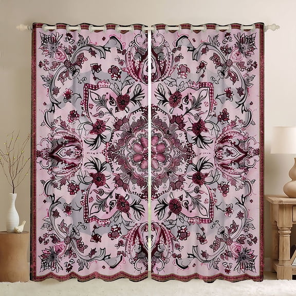 Homewish Bohemian Mandala Black Out Curtains For Female Teens Girls,Traditional Floral Flower Curtains Pack of 2 (42x63 Each),Retro Vintage Bedroom Curtains,Breathable Home Decor