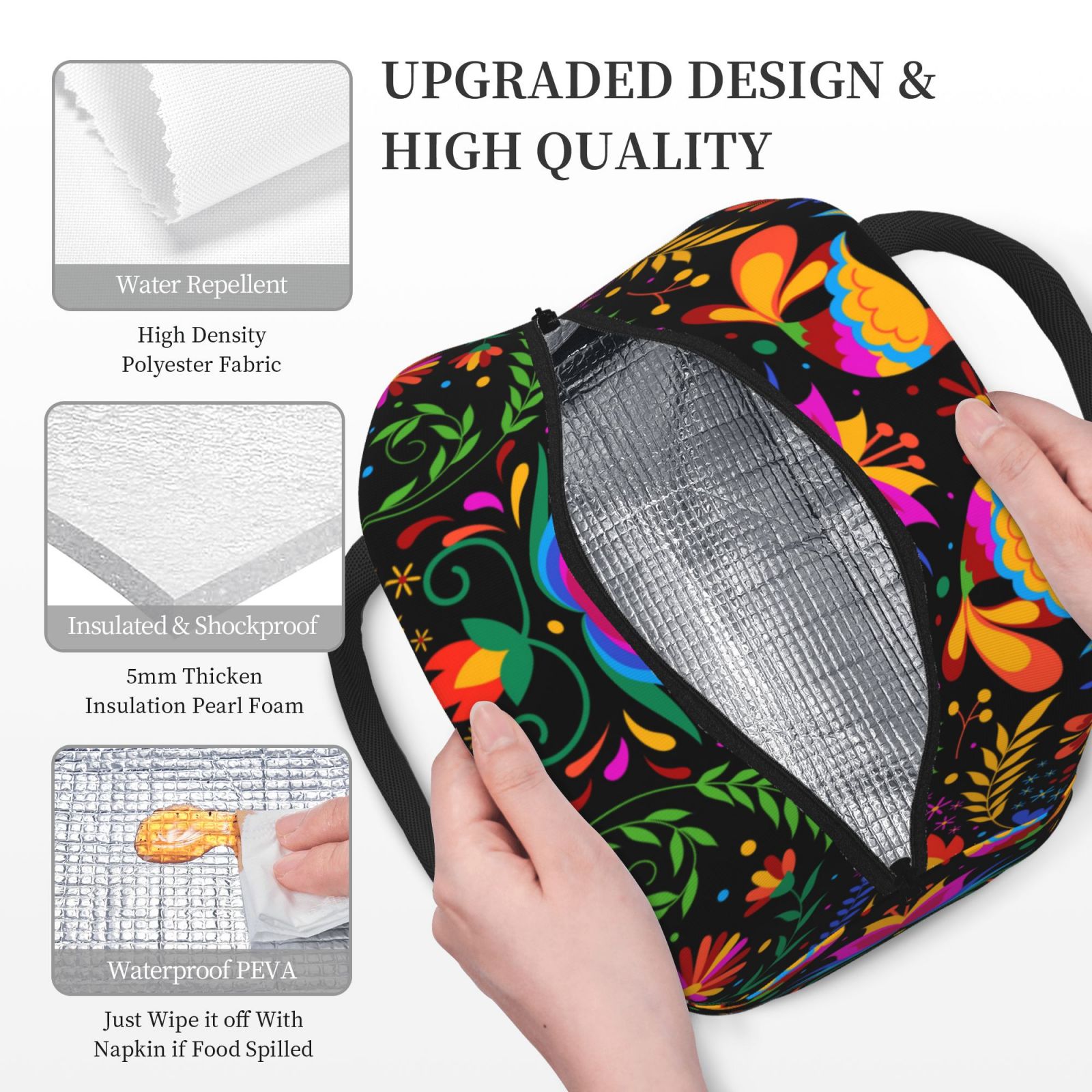 Horeoi Mexican Flower Traditional1 Pattern Large Insulated Lunch Bag for Work, School, Picnic - Waterproof, Durable Oxford Cloth, Comfortable Handle-Black